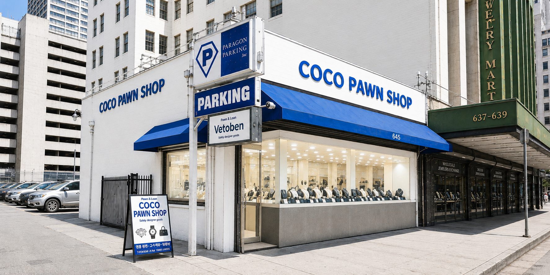 Coco Pawn Shop storefront on S Hill St, Los Angeles, with a fully glass-front jewelry display case.